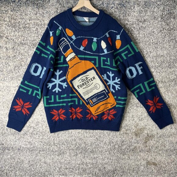 Old Forester Sweater Mens 2XL Blue Ugly Christmas Whiskey Bottle Knit Pullover - Picture 1 of 6